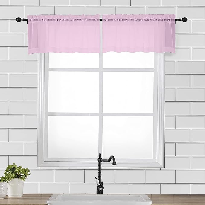 OVZME Light Pink Sheer Window Valance Curtains, Light Filtering Kitchen Valances Windows Treatment, Small Voile Sheer Curtains for Living Room/Bathroom/Basement, Top Dual Rod Pocket, 2PCS