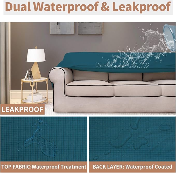 Easy-Going 100% Waterproof Couch Cover, Dual Waterproof Sofa Cover, Stretch Jacquard Sofa Slipcover, Leakproof Furniture Protector for Kids, Pets, Dog and Cat (Sofa, Peacock Blue)