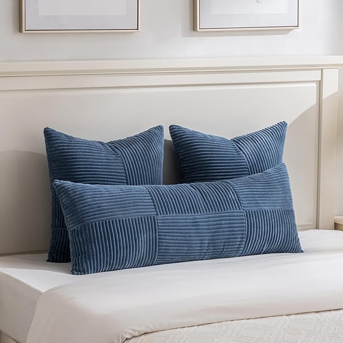 Fancy Homi 2 Packs Dusty Blue Big Decorative Throw Pillow Covers 24x24 Inch for Living Room Couch Bed, Rustic Farmhouse Boho Home Decor, Soft Corss Corduroy Patchwork Square Cushion Case 60x60 cm