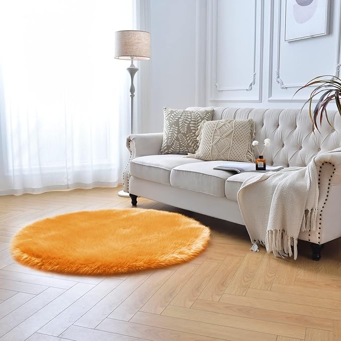 duduta Yellow Faux Sheepskin Round Rug 4x4 ft, Fluffy Shag Fur Bedroom Nursery Kids Playroom Rug Dorm Decor Non Slip Washable