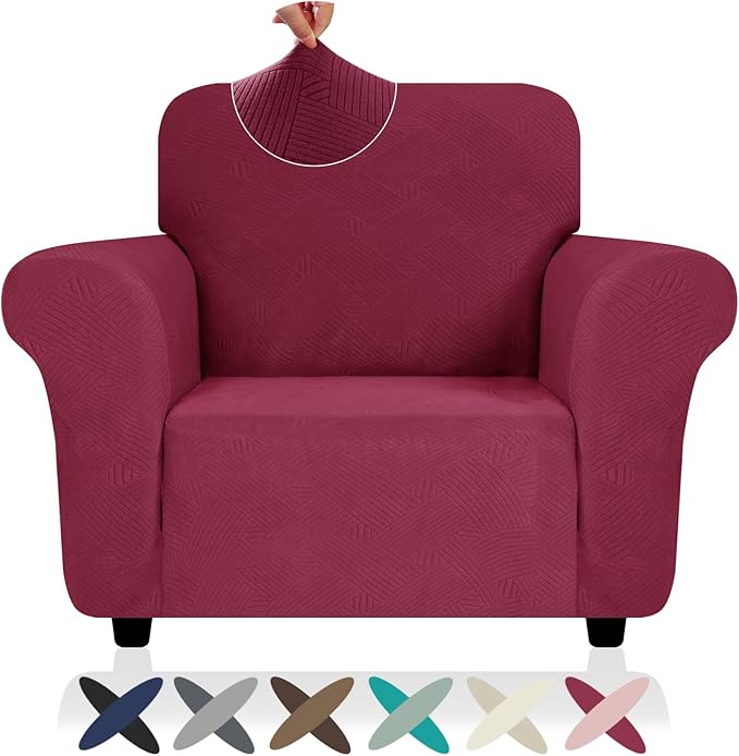 ZNSAYOTX Super Stretch Chair Slipcover (30"-47"), New Striped Sofa Chair Covers for Living Room, Dogs Pet Friendly Anti-Slip Chair Protector Spandex Armchair Slipcovers (Wine Red, Chair)
