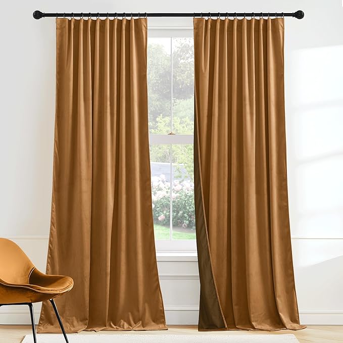 RYB HOME Luxurious Bronze Velvet Curtain Panels for Living Room Bedroom, Heavy Duty Thermal Insulated Floor-Length Velvet Drapes with Hook Belt for Vintage Decor, 52" W x L90 L, 2 Panels Set
