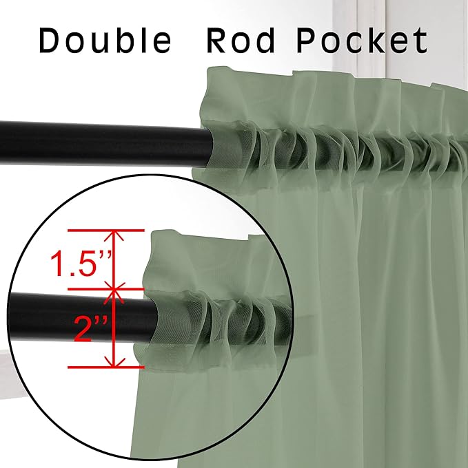 OVZME 2 Pieces Bedroom Curtains 96" Length for Farmhouse, Voile Drapes Light Airy Window Decor for Patio Door Living Room Bedroom Dining, Sage Green, Each W42 X L96 inches, 1 Pair