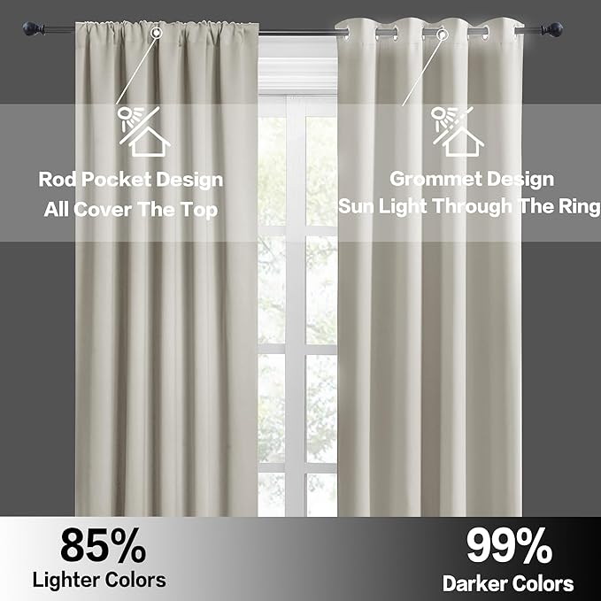 RYB HOME Curtains for Bedroom Living Room 63 inches Long, Thermal Insulated Privacy Rod Pocket Drapes for Nursery Office Home Theater, Width 42 by Length 63, Natural, 2 Panels