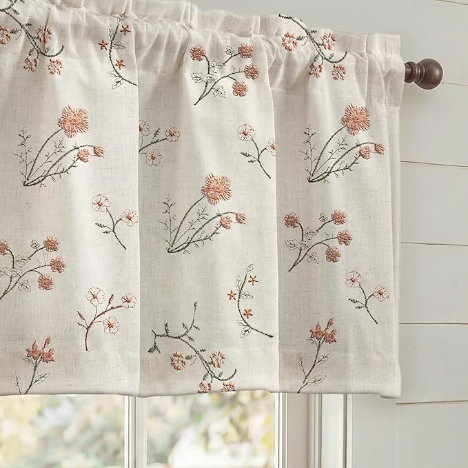 Kitchen Valances for Windows, Floral Embroidered Spring Linen Blend Farmhouse Cottage Vintage Light Filtering Valance Rod Pocket Window Treatment, 52 x 18 Inch, 1 Panel