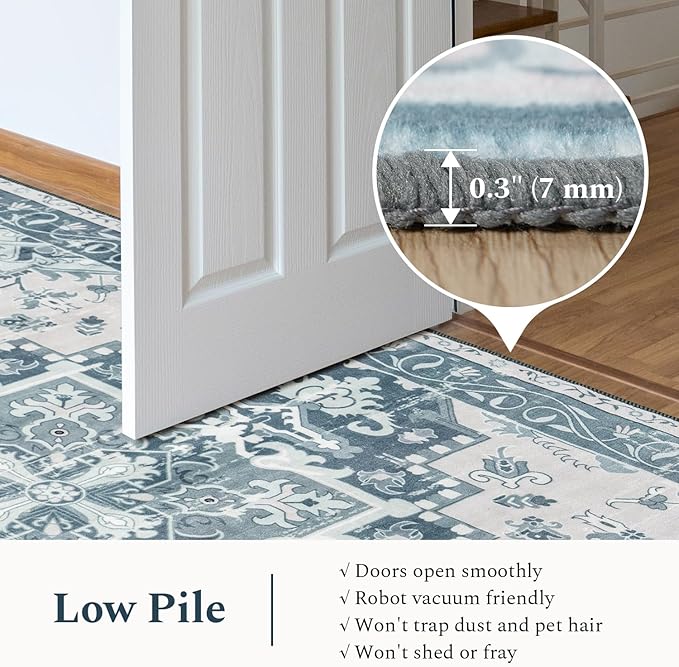 Rugflix 6x9 Area Rug for Living Room, Machine Washable Area Rugs with Non-Slip Backing, Large Soft Boho Vintage Rug for Bedroom, Dining Room, Low Pile Carpet, Kids Pet Friendly, Blue