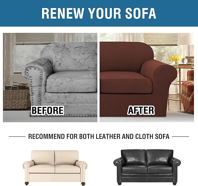 H.VERSAILTEX 3 Piece Stretch Sofa Covers for 2 Cushion Sofa Couch Covers for Living Room Sofa (Base Cover Plus 2 Seat Cushion Covers) Thicker Jacquard Fabric (Large Sofa, Burnt Brick)