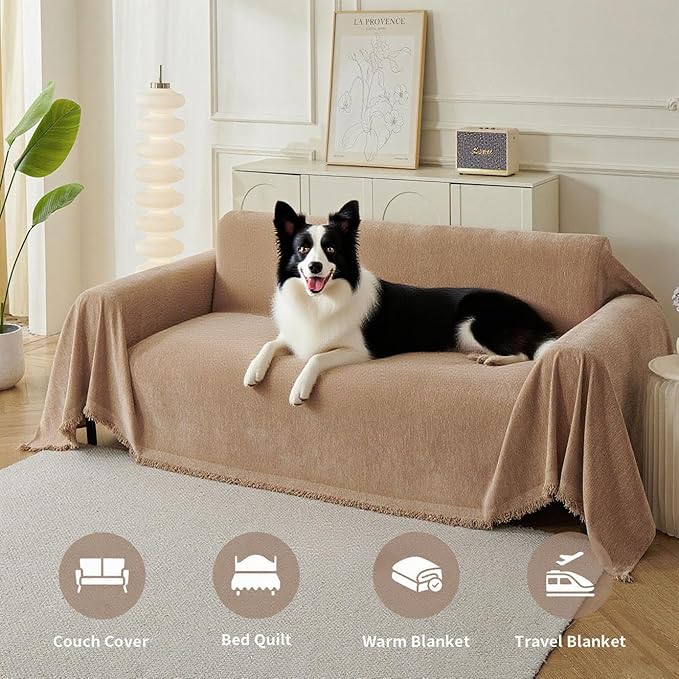 Couch Cover for Dogs, Boho Sofa Covers for 3 Cushion Couch, Chenille Sofa Slipcover for Pets Washable, L-Shape Sectional Couch Loveseat Cover Soft Throw Blankets with Tassels(71x118,Khaki)