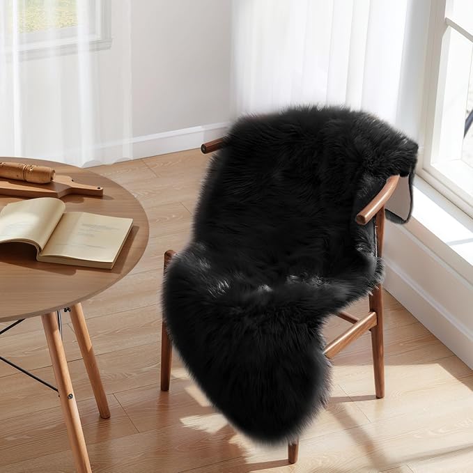 Ciicool Ultra Soft Faux Sheepskin Fur Rug Fluffy Chair Rug for Sofa Couch Seat Cushion.Shaggy Furry Small 2x4 Black Bedroom Fuzzy Carpet for Living Room Kid's Room Nursery Decor