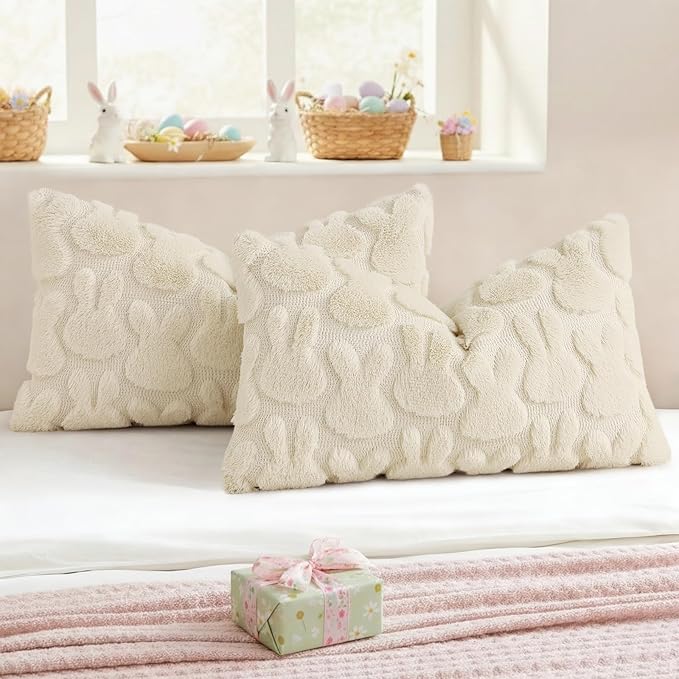 decorUhome Easter Bunny Pillow Covers 12x20 Inch Set of 2, Soft Plush Faux Wool Jacquard Beige Rabbit Cushion Covers, Farmhouse Neutral Spring Easter Holiday Decor for Couch Sofa Bed