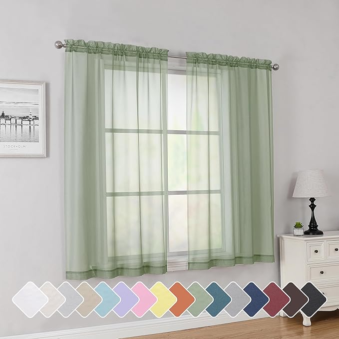 Simplebrand Sage Short Sheer Curtains 45 Inch Length for Small Windows, Rod Pocket 2 Panels Set Solid Voile Drapes Window Sheer Curtains for Bedroom Bathroom Kids Room Kitchen, 42x45 Inch, 2pcs, Sage
