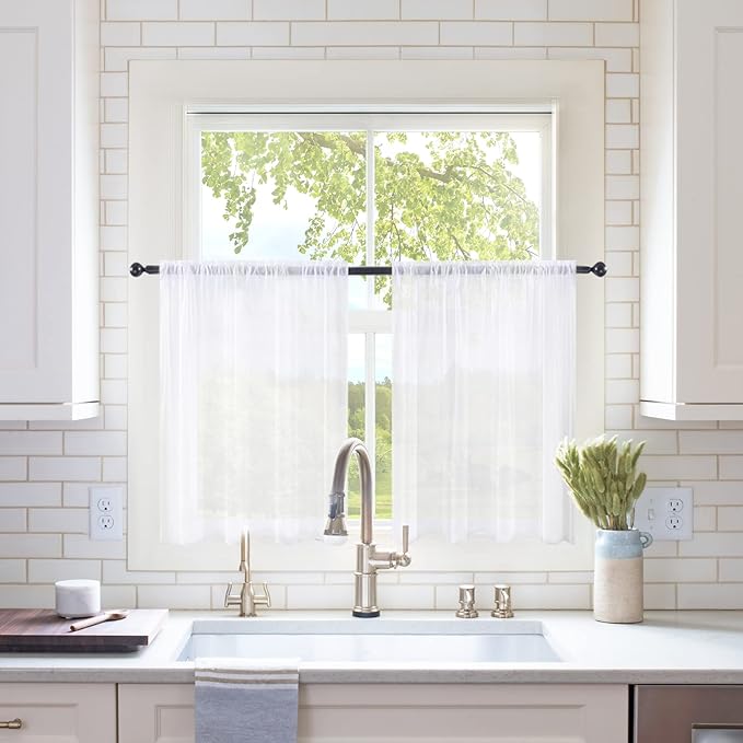 MIULEE Short Sheer Curtains 30 Inch Length for Kitchen Bathroom Cafe Half Window Treatment, Rod Pocket Tier Curtains 2 Panels, 29x30 Inches Long, White