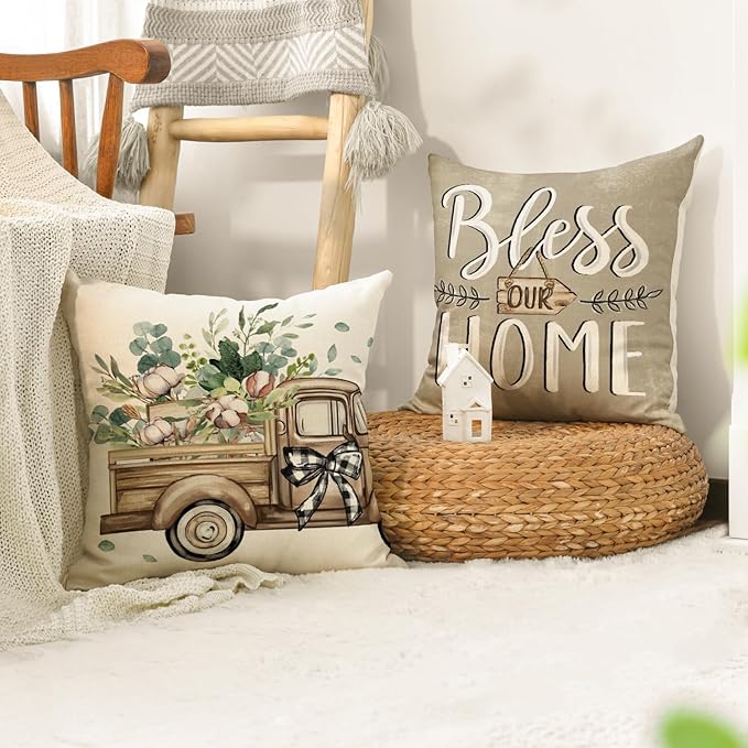 AVOIN Colorlife Bless Our Home Farmhouse Eucalyptus Leaves Throw Pillow Covers, 16 x 16 Inch Truck Home Sweet Cushion Case Decorations Set of 4