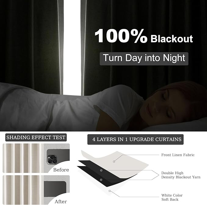 Extra Wide 70 Inch Length Blackout Curtains & Drapes 92 Inches Long 2 Panels Set for Sliding Glass Doors Modern Pleated Linen Blend Heavy Floor to Ceiling Large Window Drapes(70"Wx92"Lx 2 Birch)