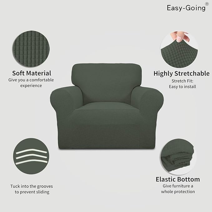 Easy-Going Stretch Chair Sofa Slipcover 1-Piece Couch Sofa Cover Furniture Protector Soft with Elastic Bottom for Kids, Pet. Spandex Jacquard Fabric Small Checks (Chair, Olive Green)