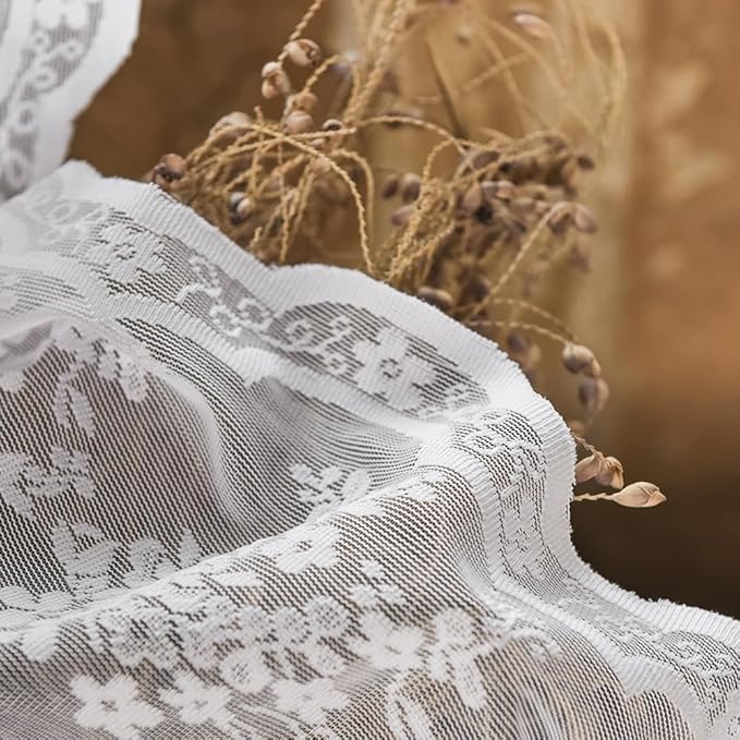 YJ YANJUN Vintage Lace Curtains 54 Inches Length- Victorian Floral Pattern White Sheer Curtain Panels for Living Room Bedroom Bathroom Light Filtering, Country Cottage Core Drapes 2 Panels 52W x 54L