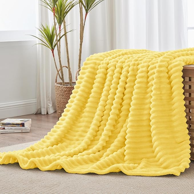 BEDELITE Twin Blanket for Couch & Bed, 300GSM Soft & Warm Fleece Blanket, Decorative and Giftable Striped Custard Yellow Blankets for Women, Men, 60"x80"