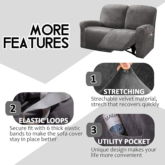 ULTICOR Reclining Love Seat Slipcover, 48" - 65" L, 6-Piece Velvet Stretch Loveseat Reclining Sofa Covers, 2 seat Love seat Recliner Cover, Thick, Soft, Washable (Dark Grey)
