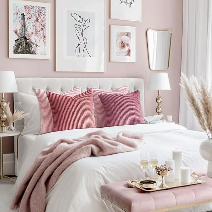 Topfinel Pink Throw Pillow Covers 16x16 Inch Set of 4,Soft Farmhouse Corduroy Decorative Cushion Cover,Square Cute Pillow Case for Gril's Bedroom Couch Sofa Living Room,Spring Series Home Decor