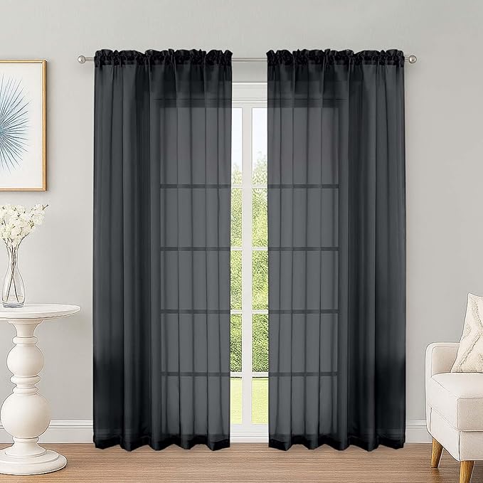 OWENIE Black Sheer Curtains 72 Inches Long 2 Panels Set, Transparent Voile Sheer Curtain for Living Room Bedroom Window Sliding Glass Door Treatment, 59 x 72 Inch, Black