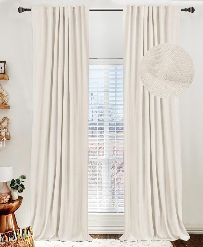 100% Blackout Shield Linen Blackout Curtains for Bedroom 90 Inches Long, Back Tab/Rod Pocket Living Room Drapes, Thermal Insulated Blackout Curtains 2 Panels Set, 50" W x 90" L, Beige White
