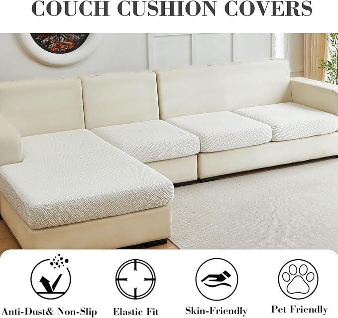 Sofa Covers Couch Covers for Sofa Pet Friendly Couch Cushion Covers Universal Sofa Covers Washable Stretch Slipcovers for Sectional Sofa (Texture Ivory White, 3 Seats + Chaise Cover)