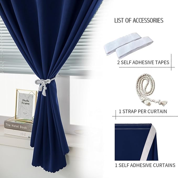 Self Adhesive Portable Blackout Curtains for Bedroom Easy to Install Window Thermal Lnsulated Kitchen Room Darkening Small Window Curtains, 47" W X 79" L, Navy Blue, 1 Panel
