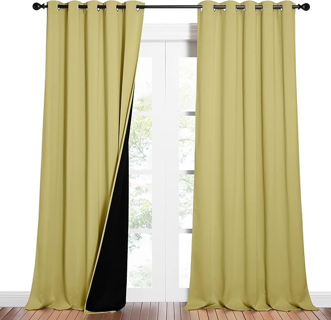 NICETOWN Total Shade Curtains and Draperies, Heavy-Duty Full Light Shading Drapes with Black Liner Backing for Villa/Hall/Dorm Window（Paler Yellow, Package of 2 Panels, 62 inches Wide x 95 inches Long