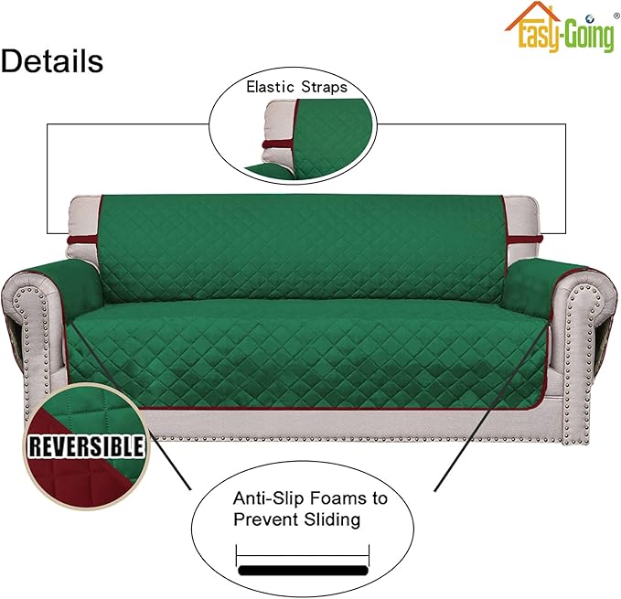 Easy-Going Reversible Couch Cover for 3 Cushion Couch Sofa Cover for Dogs Water Resistant Furniture Protector Cover with Foam Sticks Elastic Straps for Pet Cat (Sofa, Green/Christmas Red)