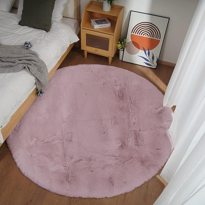Ghouse Faux Rabbit Fur Round Rug 5ft Pink Round Rugs for Bedroom Decor Fluffy Area Rugs for Living Room, no-Shedding Carpet Sheepskin Washable Rug Rome Decor