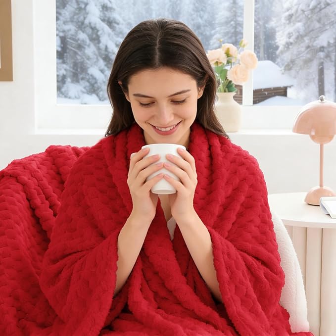 BEDELITE Fleece Throw Blanket for Couch & Bed - 3D Jacquard Decorative Red Blanket, Super Soft and Cozy Warm Fuzzy Blanket All Seasons Suitable, 50x60Inches