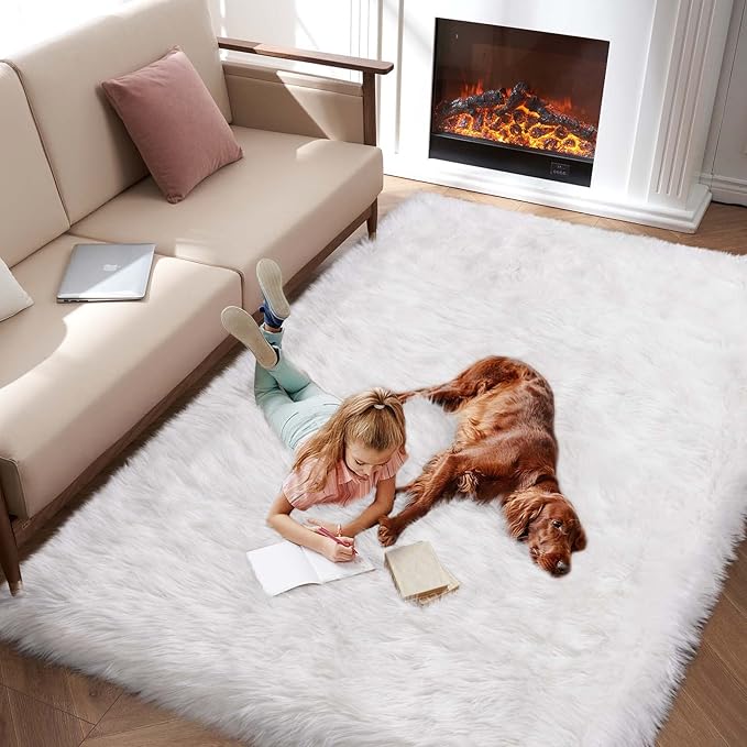 Fluffy Area Rug, White Faux Fur Rug for Bedroom 3'x5' Soft Shag Fuzzy Rugs for Living Room, Furry Bedside Nursery Rug Plush Indoor Floor Carpet for Kids Room Teen Dorm