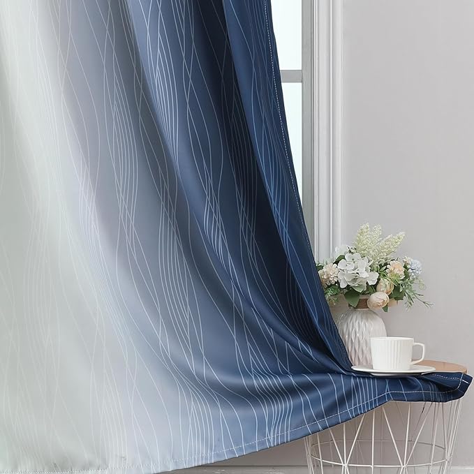 Estelar Textiler Navy Blue and Sage Green Ombre Blackout Curtains 72 Inch Length 2 Panels, Full Room Darkening Grommet Curtains for Bedroom, Thermal Insulated Light Blocking Gradient Drapes,52Wx72L