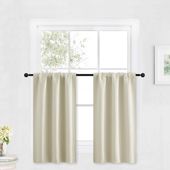 RYB HOME Cafe Curtains 30 inch Length, Short Light UV Heat Blocking Energy Saving Privacy Curtain Tiers for Basement Bathroom Kitchen Window, Width 29 by Length 30, Beige, 2 Panels