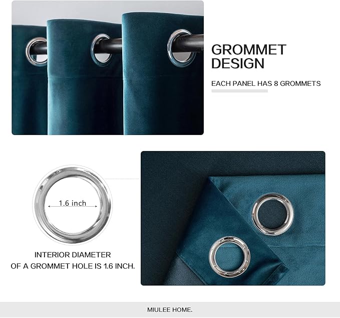 MIULEE Blue Velvet Curtains 90 Inches Length Blackout Curtains Thermal Insulated Soundproof Room Darkening Grommet Curtains/Drapes for Living Room Bedroom 52 x 90 Inch 2 Pcs Peacock Blue