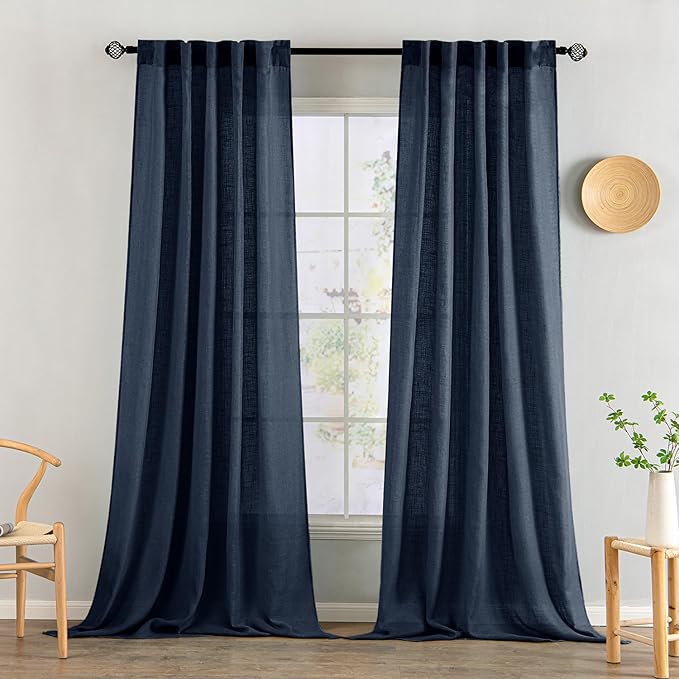 MIULEE Navy Blue Linen Curtains 96 Inch Length 2 Panels for Bedroom Living Room, Soft Thick Linen Textured Natural Window Drapes Semi Sheer Light Filtering Back Tab Rod Pocket Burlap Look Decor