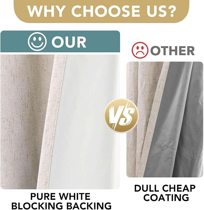 H.VERSAILTEX Linen Curtains 100% Blackout Curtains for Bedroom 90 inch Long Full Light Blocking Nature Linen Blended Window Curtains for Living Room Nickel Grommet (2 Panels, Natural)