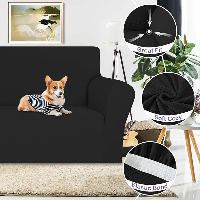 ZNSAYOTX Super Stretch Sofa Cover (72"-92"), New Striped Sofa Covers Fitted Slipcovers with Elastic Bottom, Dog Cat Pets Proof Spandex Washable Fabric Comfortable & Durable (Black, Sofa)