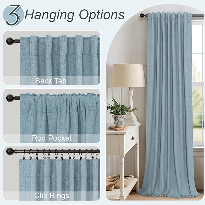 Light Blue Blackout Curtains 96 Inches Long for Living Room Country Rustic Faux Linen Black Out Thermal Insulated Darkening Curtain for Bedroom Patio Door 96 in Length 2 Panel Set Dusty Blue Grey Gray