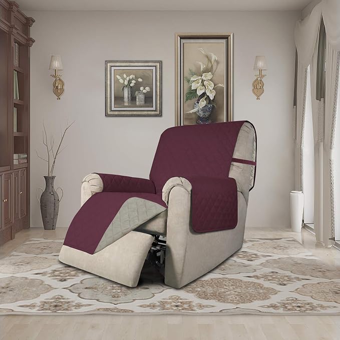 Easy-Going Recliner Sofa Slipcover Reversible Sofa Cover Water Resistant Couch Cover Furniture Protector with Elastic Straps for Pets Kids Children Dog Cat (Recliner, Wine/Beige)
