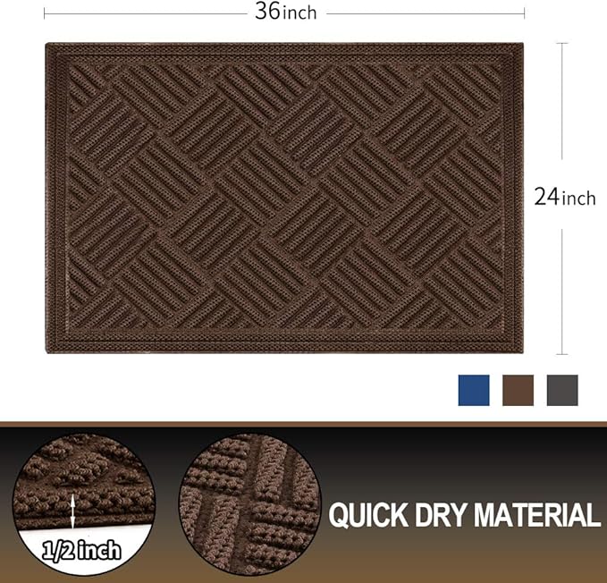 Mibao Front Door Mat, Dirt Trapper Welcome Mat for Outdoor Indoor, Non-Slip Waterproof Doormat, Durable Machine Washable Low Profile Entry Rug for Back Door Outside Patio Porch, 35.5" x 24", Coffee
