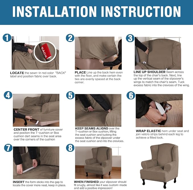 H.VERSAILTEX Wingback Chair Covers Velvet Plush Wing Chair Slipcover 1 Piece High Stretch Wing Back Chair Slipcovers Sofa Cover Furniture Cover with Elastic Bottom, Mocha
