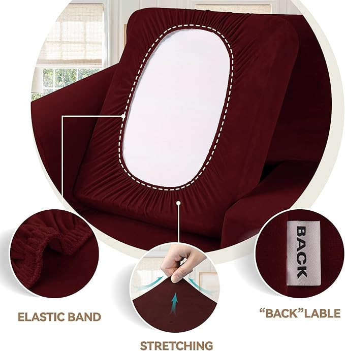 WEERRW Velvet High Stretch Couch Covers for 3 Cushion Couch Sofa Slipcovers, Washable Furniture Protector with Non Slip Elastic Bottom, Feature Soft and Thick Plush Fabric, Burgundy, Large