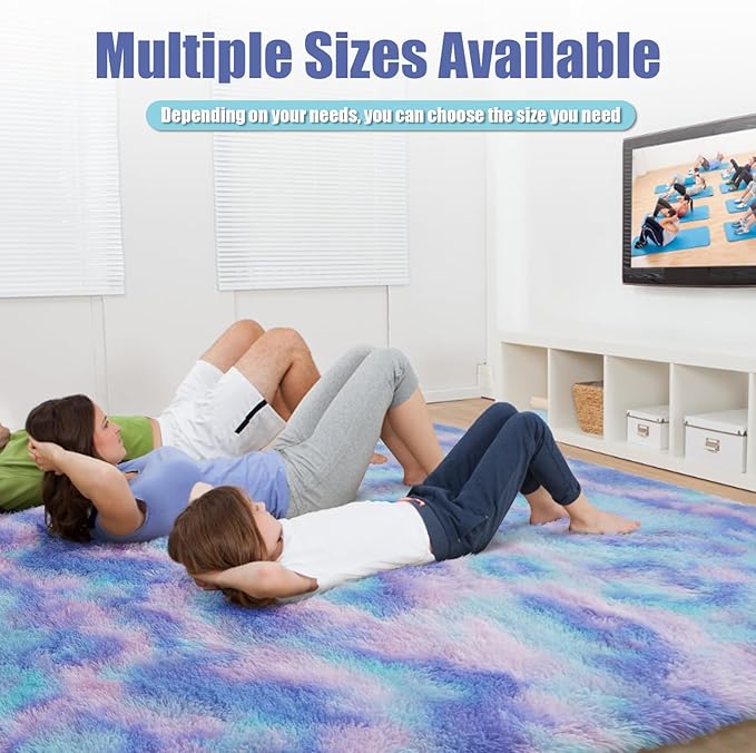 9x12 Fluffy Area Rugs for Living Room,Large Fuzzy Shag Area Rug for Bedroom,Soft Non-Shedding Indoor Plush Carpet for Kids Bedroom Nursery Home Decor,Rainbow Purple