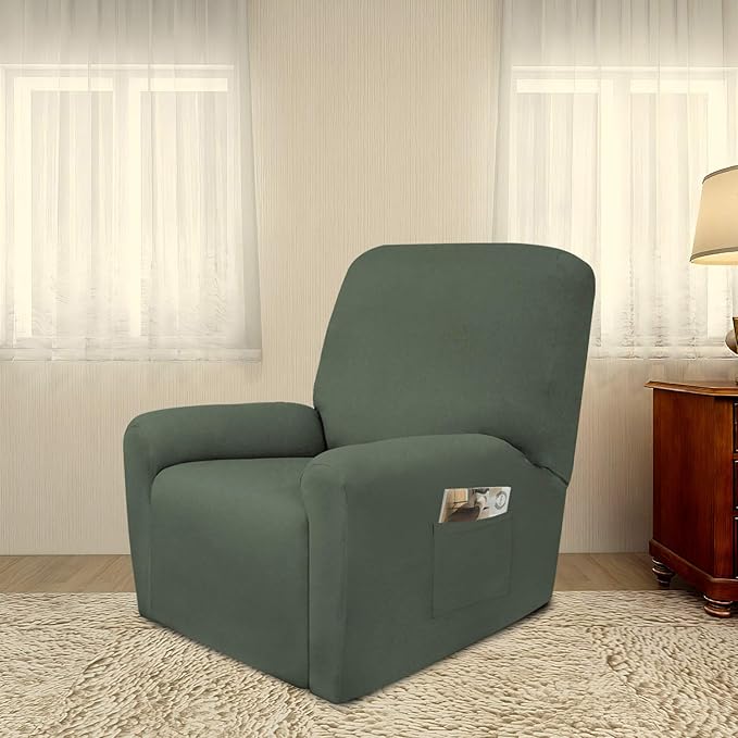 PureFit Super Stretch Chair Sofa Slipcover with Pocket – Spandex Non Slip Soft Couch Sofa Cover, Washable Furniture Protector with Elastic Bottom for Kids, Pets （Recliner, Grayish Green）