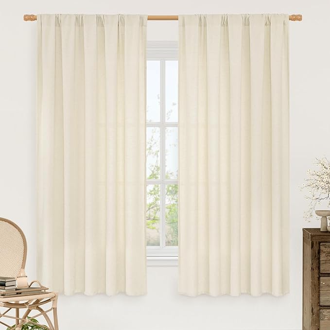 LAMIT Light Beige Linen Textured Curtains 63 inch Length for Bedroom, Soft Semi Sheer Light Filtering Window Treatments Rod Pocket Drapes for Living Room/Small Window, 2 Panels Set, 52 x 63 Inch