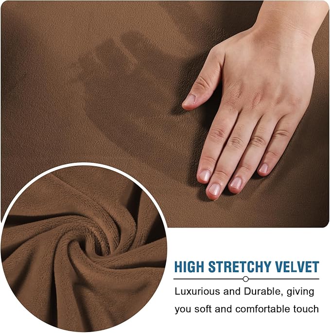 H.VERSAILTEX Modern Velvet Plush 4 Piece High Stretch Sofa Slipcover Sofa Cover Furniture Protector Form Fit Luxury Thick Velvet Sofa Cover for 3 Cushion Couch Width Up to 90 Inch (Sofa, Caramel)