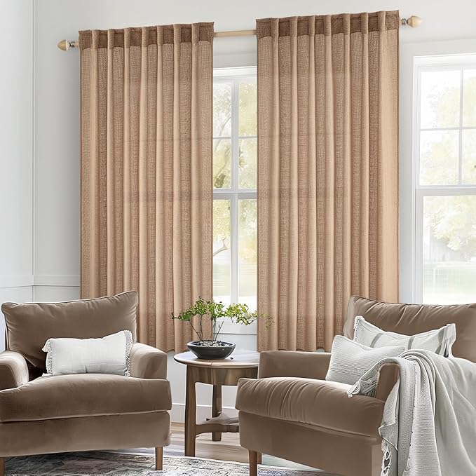 MIULEE Light Brown Linen Curtains 63 Inch Length 2 Panels for Bedroom Living Room, Soft Thick Linen Textured Natural Window Drapes Semi Sheer Light Filtering Back Tab Rod Pocket Burlap Look Decor