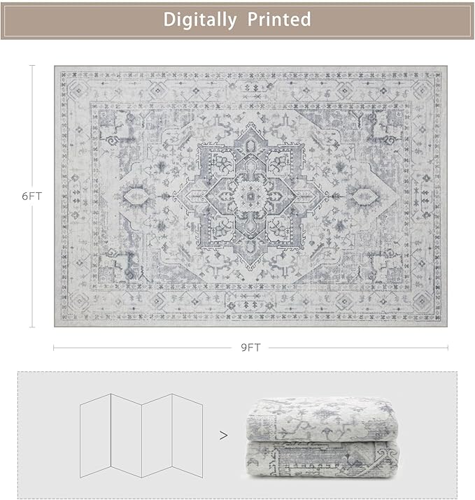 Srugn Area Rug 6x9 Washable Area Rugs for Living Room- Ultra Soft Non-Shedding Faux Wool Bedroom Rug Large Grey Vintage Print Rugs with Non Slip Rubber- Indoor Retro Foldable Carpet for Dining Room