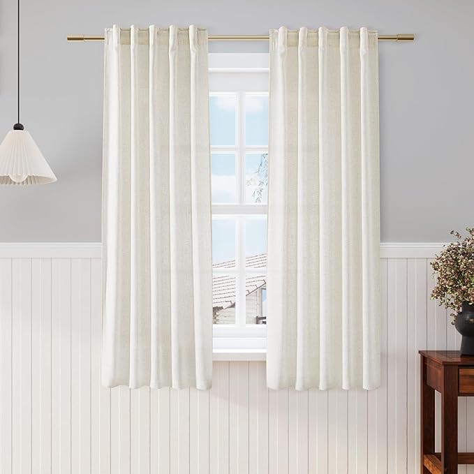 Nanspring Cream Linen Curtains 63 Inch for Bedroom Natural Semi Sheer Light Filtering Boho Curtains Back Tab and Rod Pocket Panels for Living Room 34 x 63 Inch, 2 Panels